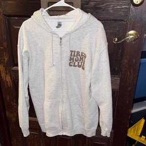 Gildan Heavy Blend Light Gray Hoodie with Tired Moms Club logo